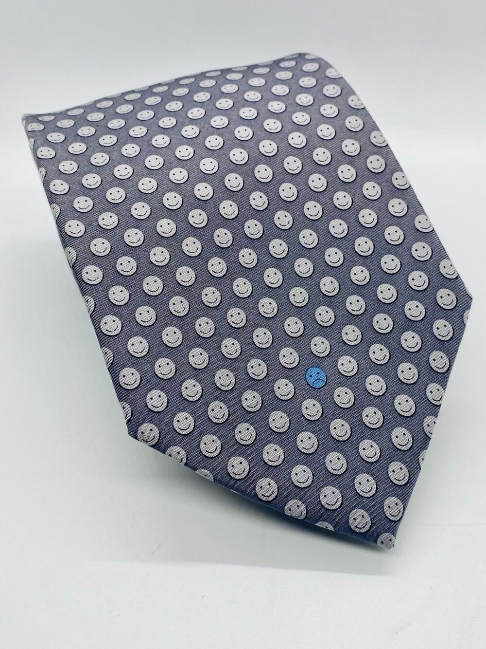 Men's Ted Baker London Silk Neck Tie Gray Blue Smiley Happy Face /Sad Face